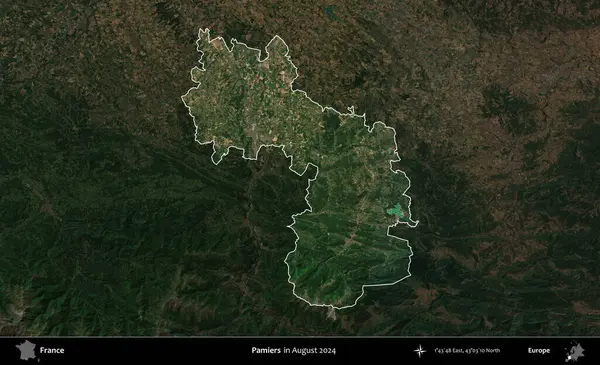 Pamiers. Fransa 'nın idari alanı, Ağustos 2024' te çekilen Kopernik Sentinel karolarından oluşan koyu renkli bir uydu görüntüsü üzerinde vurgulandı ve özetlendi.
