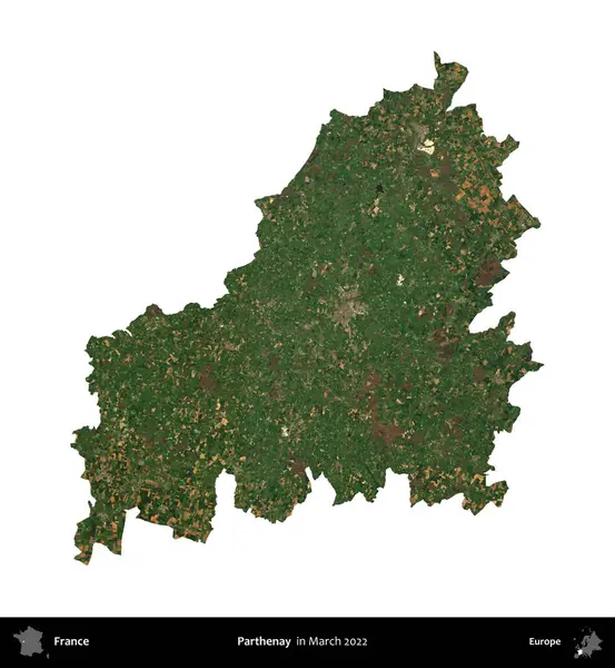 Parthenay. Fransa 'nın idari bölgesi, Mart 2022' de çekilen Kopernik Nöbetçi karolarından oluşan bir uydu görüntüsüyle beyaza izole edildi.