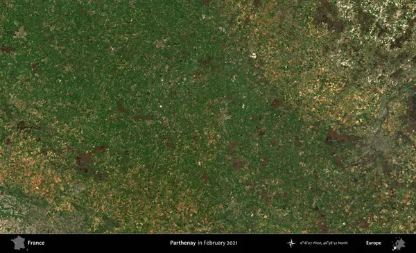 Parthenay. Copernicus Sentinel 'in Şubat 2021' de çekilmiş uydu görüntüsü üzerine Fransa 'nın idari bölgesi.