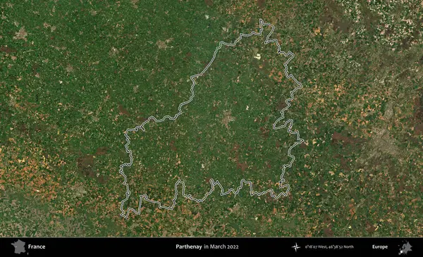 Parthenay. Mart 2022 'de çekilen Copernicus Sentinel karolarından oluşan bir uydu görüntüsünde Fransa' nın idari bölgesinin ana hatları belirlendi.