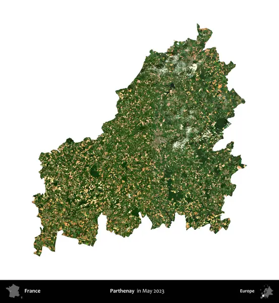 Parthenay. Fransa 'nın idari bölgesi, Mayıs 2023' te çekilen Kopernik Nöbetçi karolarından oluşan bir uydu görüntüsüyle beyaza izole edildi.