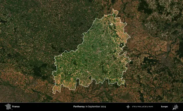 Parthenay. Fransa 'nın idari alanı, Eylül 2024' te çekilen Kopernik Nöbetçi karolarından oluşan koyu renkli bir uydu görüntüsü üzerinde vurgulandı ve özetlendi.