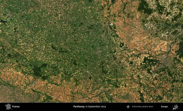 Parthenay. Copernicus Sentinel 'in Eylül 2024' te çekilmiş uydu görüntüsü üzerine Fransa 'nın idari bölgesi.