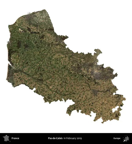 Pas-de-Calais. Fransa 'nın idari bölgesi, Şubat 2019' da çekilen Kopernik Nöbetçi karolarından oluşan uydu görüntüsüyle beyaza izole edildi.