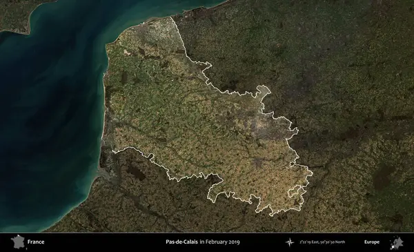 Pas-de-Calais. Fransa 'nın idari alanı, Şubat 2019' da çekilen Kopernik Sentinel karolarından oluşan koyu renkli bir uydu görüntüsü üzerinde vurgulandı ve özetlendi.