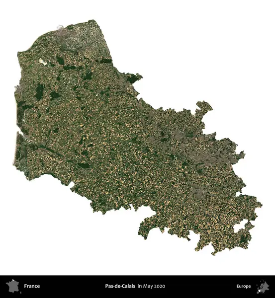Pas-de-Calais. Fransa 'nın idari bölgesi, Mayıs 2020' de çekilen Kopernik Nöbetçi karolarından oluşan bir uydu görüntüsüyle beyaza izole edildi.