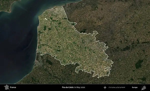Pas-de-Calais. Fransa 'nın idari alanı, Mayıs 2020' de çekilen Kopernik Nöbetçi karolarından oluşan koyu renkli bir uydu görüntüsü üzerinde vurgulandı ve özetlendi.