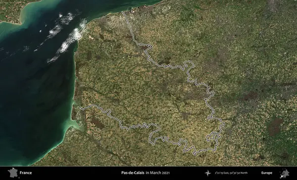 Pas-de-Calais. Mart 2021 'de çekilen Copernicus Sentinel karolarından oluşan bir uydu görüntüsünde Fransa' nın idari bölgesinin ana hatları belirlendi.
