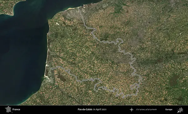 Pas-de-Calais. Copernicus Sentinel 'in Nisan 2021' de çekilen uydu görüntüsünde Fransa 'nın idari bölgesinin ana hatları belirlendi.