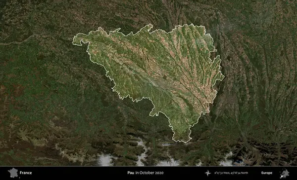 Pau. Fransa 'nın idari alanı, Ekim 2020' de çekilen Kopernik Nöbetçi karolarından oluşan koyu renkli bir uydu görüntüsü üzerinde vurgulandı ve özetlendi.