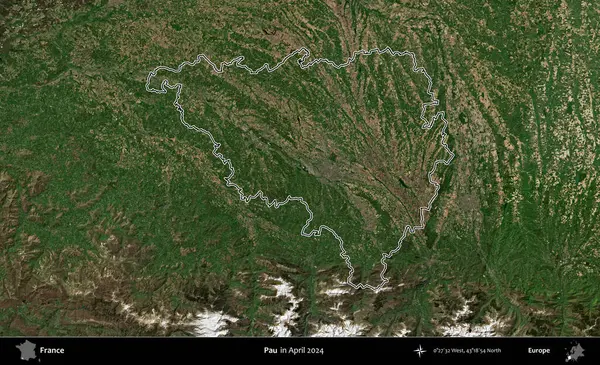 Pau. Nisan 2024 'te çekilen Copernicus Sentinel karolarından oluşan bir uydu görüntüsünde Fransa' nın idari bölgesinin ana hatlarını çizdim.