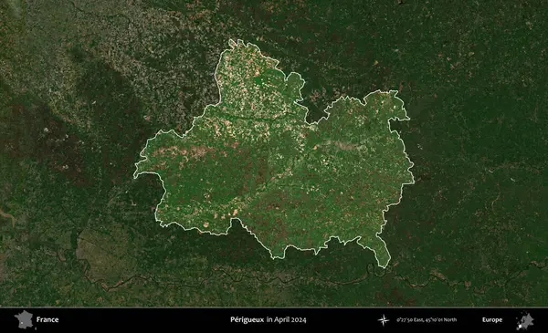Perigueux. Fransa 'nın idari alanı, Nisan 2024' te çekilen Kopernik Nöbetçi karolarından oluşan koyu renkli bir uydu görüntüsü üzerinde vurgulandı ve özetlendi.