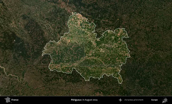 Perigueux. Fransa 'nın idari alanı, Ağustos 2024' te çekilen Kopernik Sentinel karolarından oluşan koyu renkli bir uydu görüntüsü üzerinde vurgulandı ve özetlendi.
