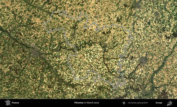 Peronne. Mart 2020 'de çekilen Copernicus Sentinel karolarından oluşan bir uydu görüntüsünde Fransa' nın idari bölgesinin ana hatları belirlendi.