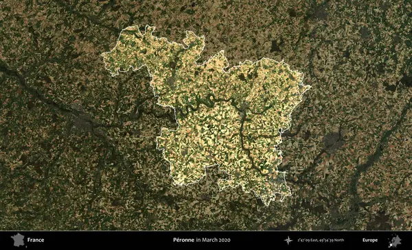 Peronne. Fransa 'nın idari alanı, Mart 2020' de çekilen Kopernik Nöbetçi karolarından oluşan koyu renkli bir uydu görüntüsü üzerinde vurgulandı ve özetlendi.