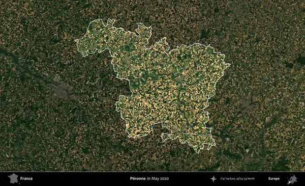 Peronne. Fransa 'nın idari alanı, Mayıs 2020' de çekilen Kopernik Nöbetçi karolarından oluşan koyu renkli bir uydu görüntüsü üzerinde vurgulandı ve özetlendi.