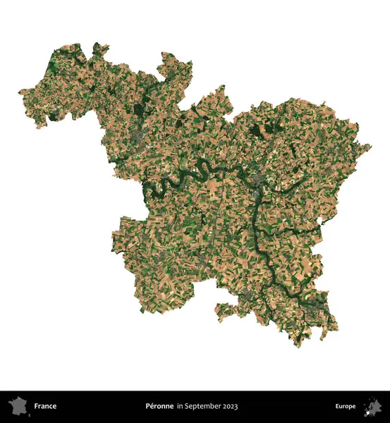 Peronne. Fransa 'nın idari bölgesi, Eylül 2023' te çekilen Kopernik Nöbetçi karolarından oluşan bir uydu görüntüsü üzerinde beyaza izole edildi.