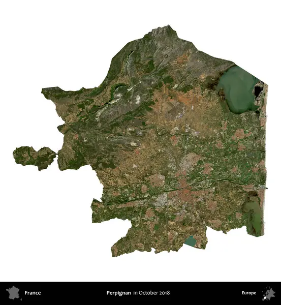 Perpignan. Fransa 'nın idari bölgesi, Ekim 2018' de çekilen Kopernik Nöbetçi karolarından oluşan uydu görüntüsüyle beyaza izole edildi.