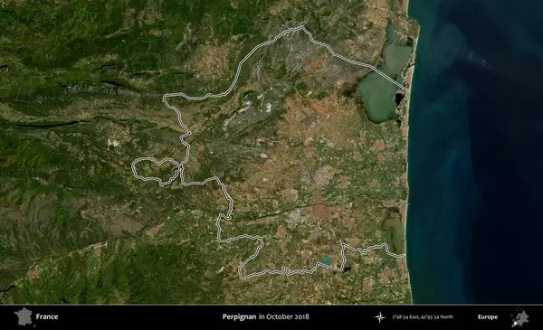 Perpignan. Copernicus Sentinel 'in Ekim 2018' de çekilen uydu görüntüsünde Fransa 'nın idari bölgesinin ana hatları belirlendi.