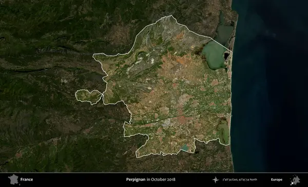 Perpignan. Fransa 'nın idari alanı, Ekim 2018' de çekilen Kopernik Nöbetçi karolarından oluşan koyu renkli bir uydu görüntüsü üzerinde vurgulandı ve özetlendi.