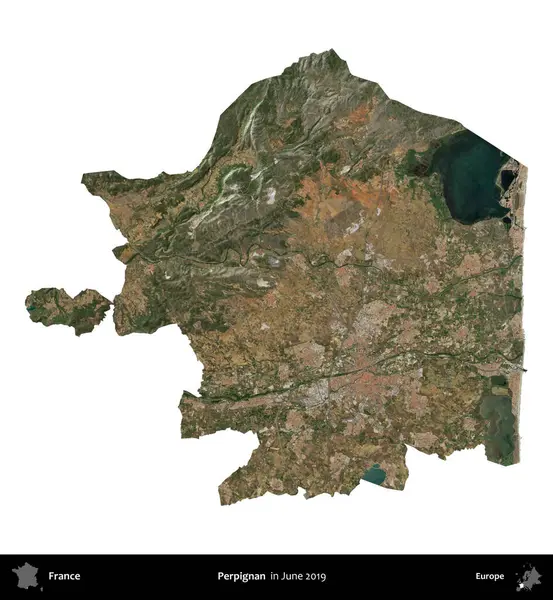 Perpignan. Fransa 'nın idari bölgesi, Haziran 2019' da çekilen Kopernik Nöbetçi karolarından oluşan uydu görüntüsüyle beyaza izole edildi.
