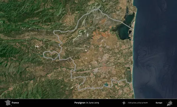 Perpignan. Copernicus Sentinel 'in Haziran 2019' da çekilen uydu görüntüsünde Fransa 'nın idari bölgesinin ana hatları belirlendi.