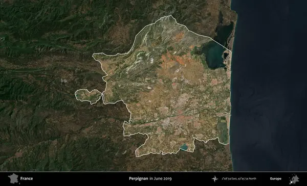 Perpignan. Fransa 'nın idari alanı, Haziran 2019' da çekilen Kopernik Sentinel karolarından oluşan koyu renkli bir uydu görüntüsü üzerinde vurgulandı ve özetlendi.