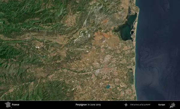 Perpignan. Copernicus Sentinel 'in Haziran 2019' da çekilmiş uydu görüntüsü üzerine Fransa 'nın idari bölgesi.