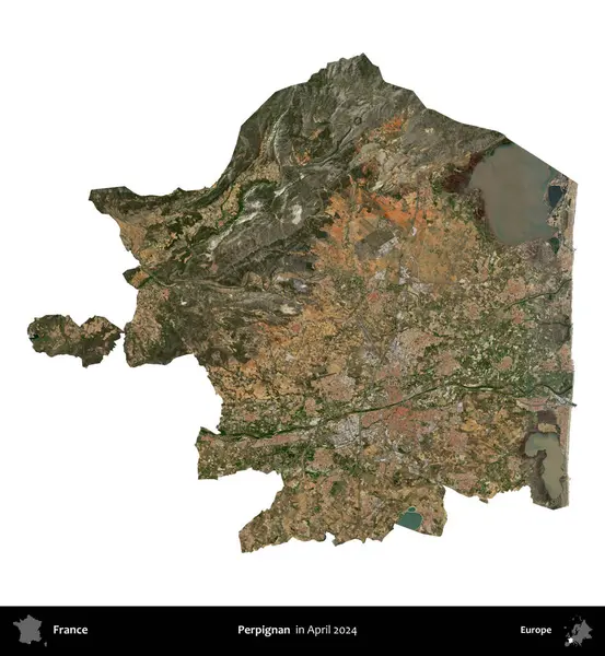 Perpignan. Fransa 'nın idari bölgesi, Nisan 2024' te çekilen Kopernik Nöbetçi karolarından oluşan bir uydu görüntüsü ile beyaza izole edildi.