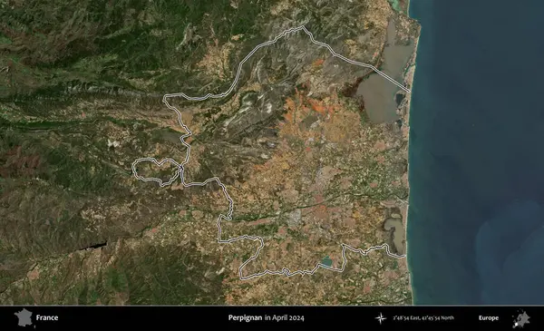 Perpignan. Nisan 2024 'te çekilen Copernicus Sentinel karolarından oluşan bir uydu görüntüsünde Fransa' nın idari bölgesinin ana hatlarını çizdim.