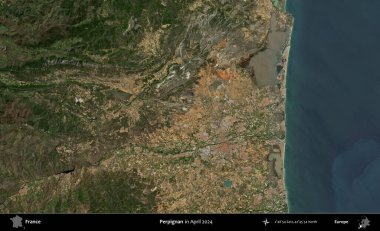 Perpignan. Copernicus Sentinel 'in Nisan 2024' te çekilmiş uydu görüntüsü üzerine Fransa 'nın idari bölgesi.
