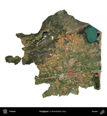 Perpignan. Fransa 'nın idari bölgesi, Kasım 2024' te çekilen Kopernik Nöbetçi karolarından oluşan uydu görüntüsüyle beyaza izole edildi.