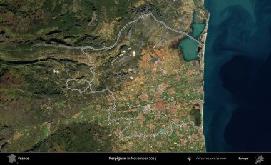 Perpignan. Copernicus Sentinel 'in Kasım 2024' te çekilen uydu görüntüsünde Fransa 'nın idari bölgesinin ana hatlarını çizdim.