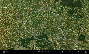 Pithivierlar. Mayıs 2020 'de çekilen Copernicus Sentinel karolarından oluşan bir uydu görüntüsünde Fransa' nın idari bölgesinin ana hatları belirlendi.