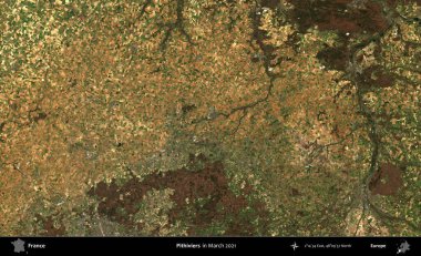 Pithivierlar. Copernicus Sentinel 'in Mart 2021' de çekilmiş uydu görüntüsü üzerine Fransa 'nın idari bölgesi.