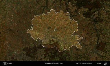 Pithivierlar. Fransa 'nın idari alanı, Şubat 2022' de çekilen Kopernik Sentinel karolarından oluşan koyu renkli bir uydu görüntüsü üzerinde vurgulandı ve özetlendi.