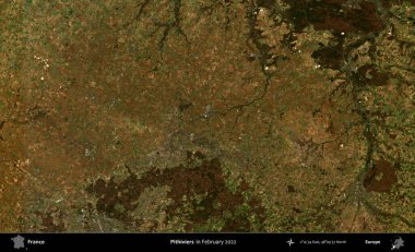 Pithivierlar. Copernicus Sentinel 'in Şubat 2022' de çekilmiş uydu görüntüsü üzerine Fransa 'nın idari bölgesi.