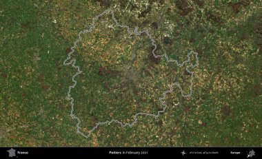 Poitiers. Copernicus Sentinel 'in Şubat 2021' de çekilen uydu görüntüsünde Fransa 'nın idari bölgesinin ana hatları belirlendi.