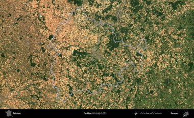 Poitiers. Copernicus Sentinel 'in Temmuz 2022' de çekilen uydu görüntüsünde Fransa 'nın idari bölgesinin ana hatları belirlendi.
