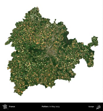 Poitiers. Fransa 'nın idari bölgesi, Mayıs 2023' te çekilen Kopernik Nöbetçi karolarından oluşan bir uydu görüntüsüyle beyaza izole edildi.