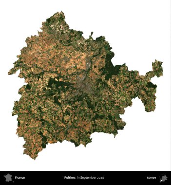 Poitiers. Fransa 'nın idari bölgesi, Eylül 2024' te çekilen Kopernik Nöbetçi karolarından oluşan uydu görüntüsüyle beyaza izole edildi.