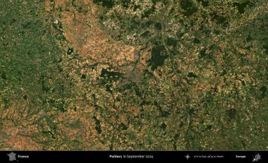Poitiers. Copernicus Sentinel 'in Eylül 2024' te çekilmiş uydu görüntüsü üzerine Fransa 'nın idari bölgesi.