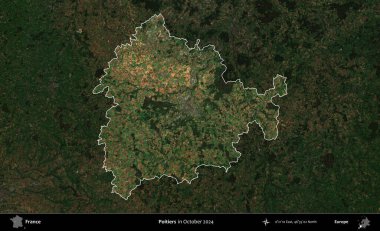 Poitiers. Fransa 'nın idari alanı, Ekim 2024' te çekilen Kopernik Nöbetçi karolarından oluşan koyu renkli bir uydu görüntüsü üzerinde vurgulandı ve özetlendi.