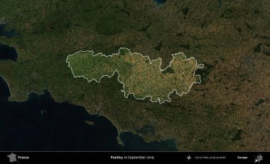 Pontivy. Fransa 'nın idari alanı, Eylül 2019' da çekilen Kopernik Nöbetçi karolarından oluşan koyu renkli bir uydu görüntüsü üzerinde vurgulandı ve özetlendi.