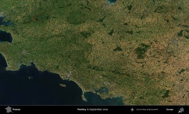 Pontivy. Eylül 2019 'da Copernicus Sentinel karolarından oluşan bir uydu görüntüsü üzerine Fransa' nın idari bölgesi