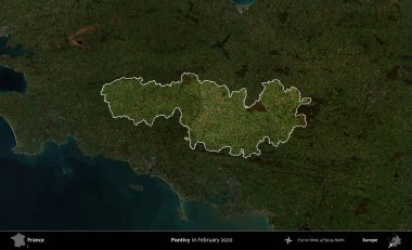 Pontivy. Fransa 'nın idari alanı, Şubat 2020' de çekilen Kopernik Nöbetçi karolarından oluşan koyu renkli bir uydu görüntüsü üzerinde vurgulandı ve özetlendi.
