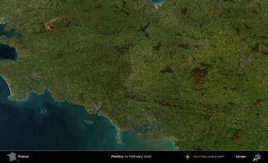 Pontivy. Copernicus Sentinel 'in Şubat 2020' de çekilmiş uydu görüntüsü üzerine Fransa 'nın idari bölgesi.