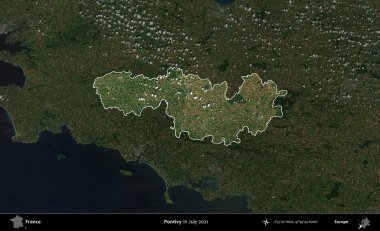 Pontivy. Fransa 'nın idari alanı, Temmuz 2021' de çekilen Kopernik Nöbetçi karolarından oluşan koyu renkli bir uydu görüntüsüyle vurgulandı ve özetlendi.