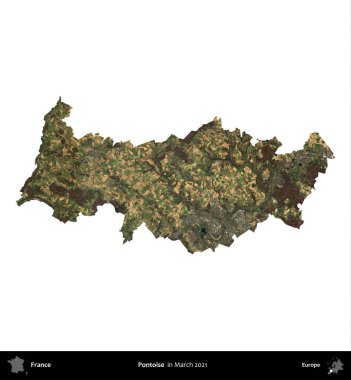 Pontoise. Fransa 'nın idari bölgesi, Mart 2021' de çekilen Kopernik Nöbetçi karolarından oluşan bir uydu görüntüsüyle beyaza izole edildi.