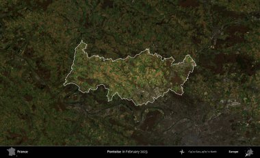 Pontoise. Fransa 'nın idari alanı, Şubat 2023' te çekilen Kopernik Nöbetçi karolarından oluşan koyu renkli bir uydu görüntüsü üzerinde vurgulandı ve özetlendi.